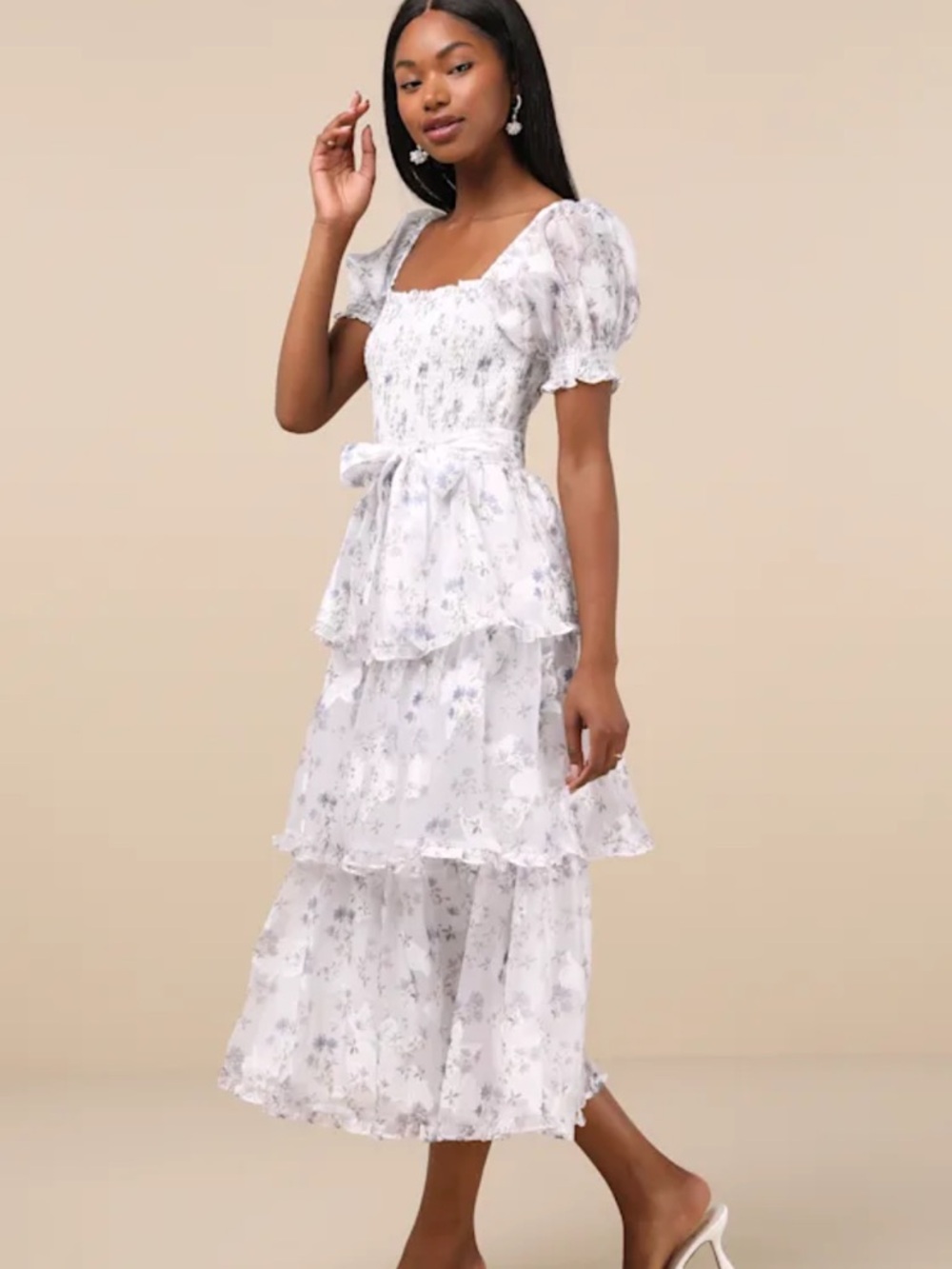 New Lulus Darling Posture White Floral Tiered Midi Dress with Puff Sleeves Sz XS - Picture 2 of 8